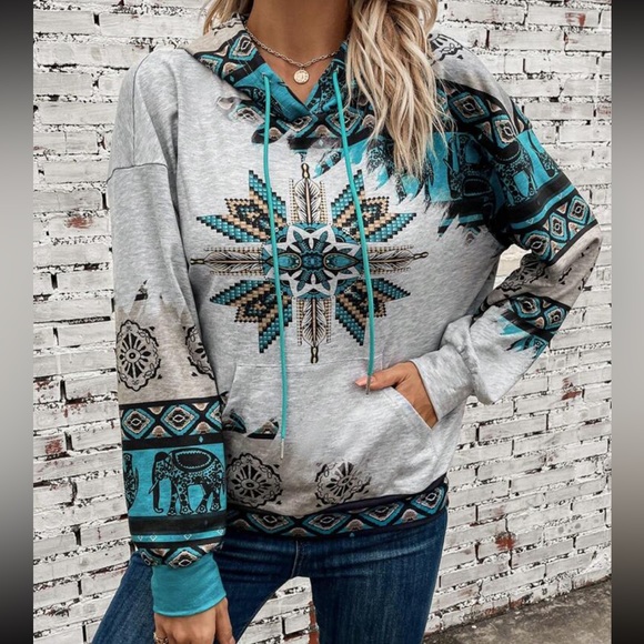 🌵Turquoise Aztec Tribal Print Kangaroo Pocket Drawstring Hoodie - Picture 10 of 10